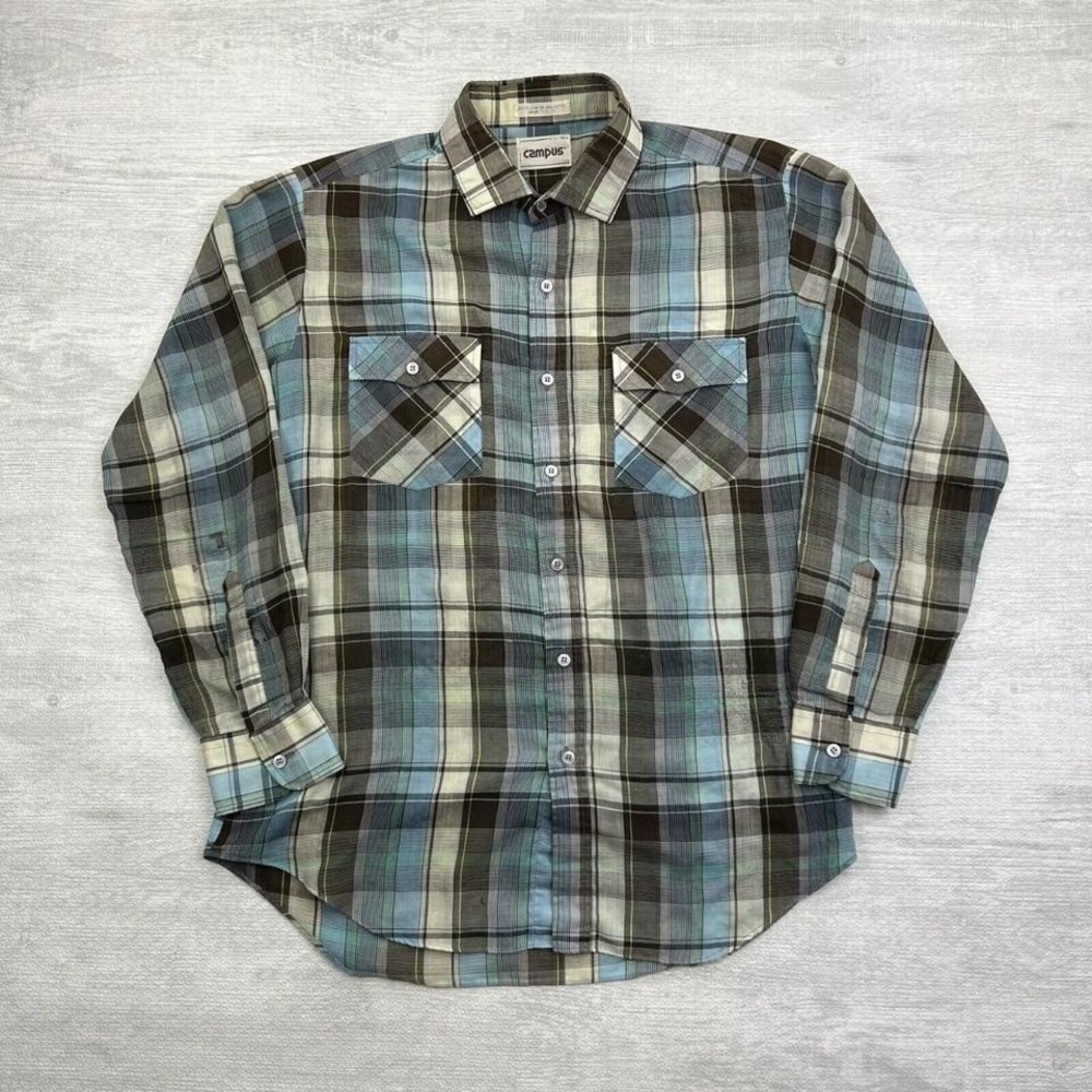 Vintage Campus Shirt Mens Large Beige Tartan Plaid Western Rancher